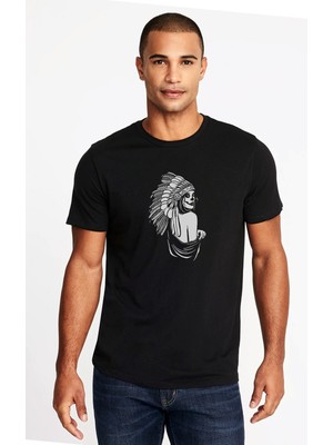 Qivi Skull Kızılderili Baskılı Siyah Erkek Örme Tshirt
