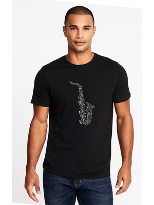 Qivi Saksafon Baskılı Siyah Erkek Örme Tshirt