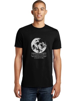 Qivi Stranger Things Bikes World Baskılı Siyah Erkek Örme Tshirt