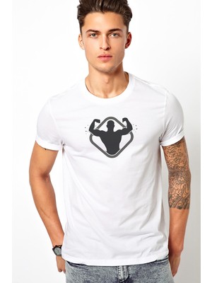 Qivi Silhouette Bodybuilding Baskılı Beyaz Erkek Örme Tshirt