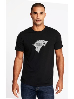 Qivi G O T Stark Baskılı Siyah Erkek Örme Tshirt