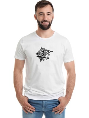 Qivi Rock Star Metal Rock Baskılı Beyaz Erkek Örme Tshirt