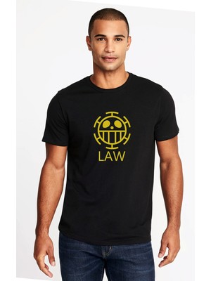 Qivi One Piece Law Logo Baskılı Siyah Erkek Örme Tshirt