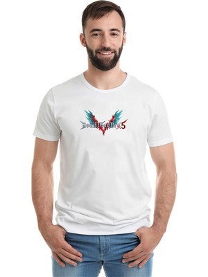 Qivi Devil May Cry 5 Logo Baskılı Beyaz Erkek Örme Tshirt