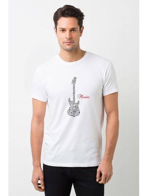 Qivi Notalar Gitar Music Müzik Baskılı Beyaz Erkek Örme Tshirt