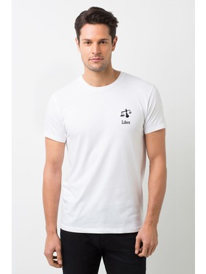Qivi Terazi Burcu Baskılı Beyaz Erkek Örme Tshirt