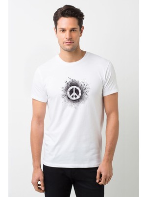 Qivi Peace Splash Baskılı Beyaz Erkek Örme Tshirt