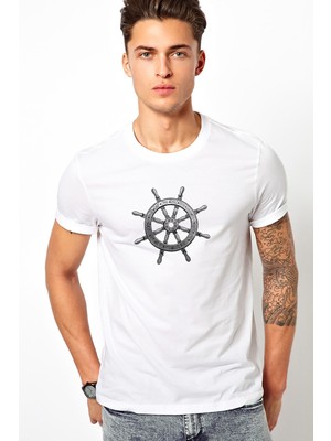 Qivi Gemi Dümeni Baskılı Beyaz Erkek Örme Tshirt