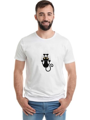 Qivi Cat Clipartcat Scratching Claws Vector Cat Baskılı Beyaz Erkek Örme Tshirt