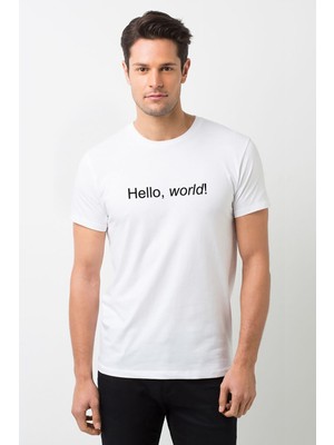 Qivi Hello World Baskılı Beyaz Erkek Örme Tshirt