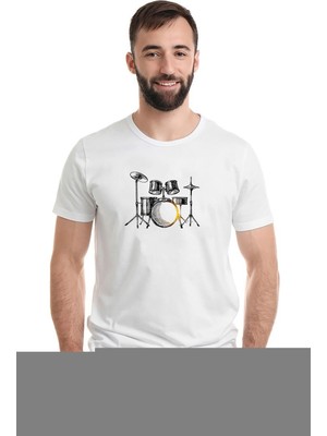 Qivi Bateri Drum Watercolor Baskılı Beyaz Erkek Örme Tshirt