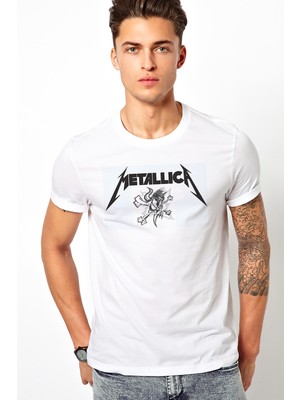 Qivi Metallica Baskılı Beyaz Erkek Örme Tshirt