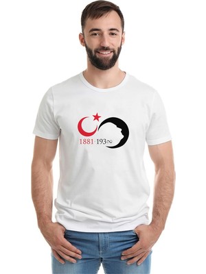 Qivi 10 Kasım Silüet Turk Bayrağı Baskılı Beyaz Erkek Örme Tshirt