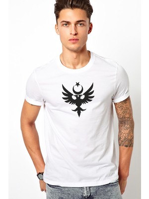 Qivi Göktürk Türk Selçuklu Kartalı Baskılı Beyaz Erkek Örme Tshirt