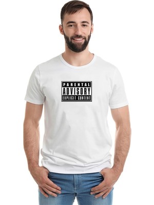 Qivi Parental Advisory Explicit Content Baskılı Beyaz Erkek Örme Tshirt