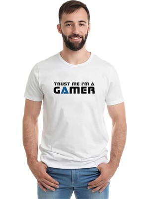 Qivi Trusm Me A'm A Gamer Siyah Baskılı Beyaz Erkek Örme Tshirt