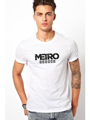Qivi Metro Exodus Logo Baskılı Beyaz Erkek Örme Tshirt