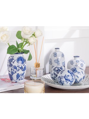 English Home Flower Art Porselen Dekoratif Obje 8,5x8,5x8,5 cm Mavi-Beyaz