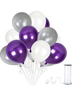 Bal10 Dünyası 30 Adet 12 Inç Metalik Parti Balonu Metalik Gümüş - Mor - Beyaz