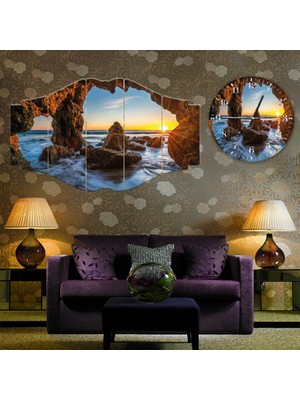 ZEVAHİR MOBİLYA DEKORASYON Zevahir 5 Parça Mdf Kayalık Manzara Tablo ve Mdf Saat Kombin