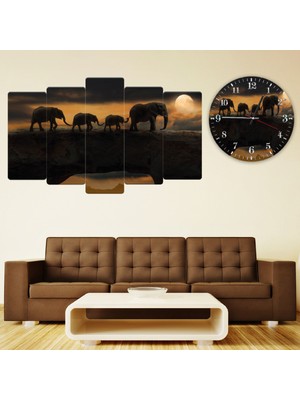 ZEVAHİR MOBİLYA DEKORASYON Zevahir 5 Parça Mdf Yürüyen Filler Tablo ve Mdf Saat Kombin