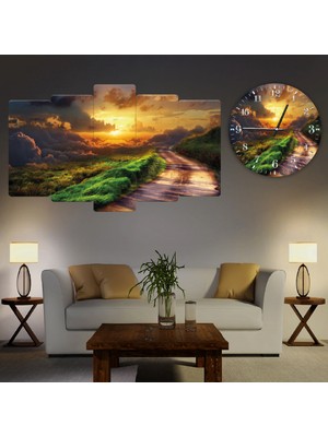 ZEVAHİR MOBİLYA DEKORASYON Zevahir 5 Parça Mdf Dağ Manzara Tablo ve Mdf Saat Kombin