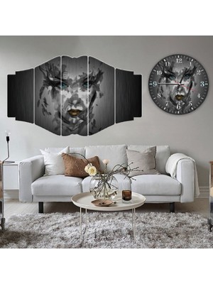 ZEVAHİR MOBİLYA DEKORASYON Zevahir 5 Parça Mdf Modern Kadın Yüzü Tablo ve Mdf Saat Kombin