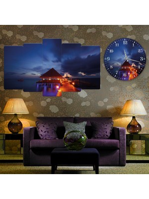 ZEVAHİR MOBİLYA DEKORASYON Zevahir 5 Parça Mdf Gece Plaj Kenarı Manzara Tablo ve Mdf Saat Kombin