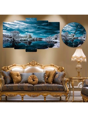 ZEVAHİR MOBİLYA DEKORASYON Zevahir 5 Parça Mdf Göl Kenarı Kar Manzara Tablo ve Mdf Saat Kombin