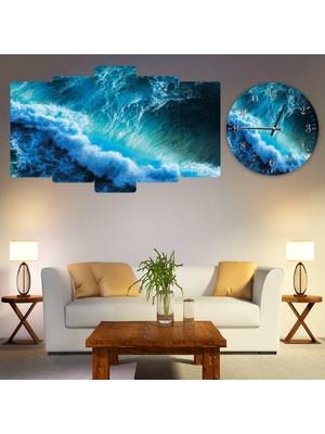 ZEVAHİR MOBİLYA DEKORASYON Zevahir 5 Parça Mdf Okyanus Dalgası Tablo ve Mdf Saat Kombin
