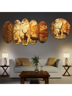 ZEVAHİR MOBİLYA DEKORASYON Zevahir 5 Parça Mdf Geyik Tablo ve Mdf Saat Kombin