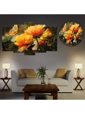 ZEVAHİR MOBİLYA DEKORASYON Zevahir 5 Parça Mdf Sarı Çiçek Tablo ve Mdf Saat Kombin