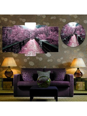 ZEVAHİR MOBİLYA DEKORASYON Zevahir 5 Parça Mdf Pembe Ağaçlı Yol Tablo ve Mdf Saat Kombin