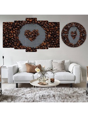 ZEVAHİR MOBİLYA DEKORASYON Zevahir 5 Parça Mdf Kahve Çekirdeği Tablo ve Mdf Saat Kombin