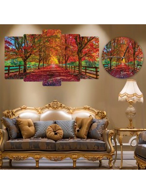 ZEVAHİR MOBİLYA DEKORASYON Zevahir 5 Parça Mdf Ağaçlı Yol Manzara Tablo ve Mdf Saat Kombin