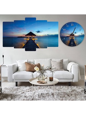 ZEVAHİR MOBİLYA DEKORASYON Zevahir 5 Parça Mdf Plaj Kenarı Iskele Tablo ve Mdf Saat Kombin
