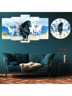 Zevahir Mobilya Dekorasyon ZEVAHİR MOBİLYA DEKORASYON Zevahir 5 Parça Mdf Koşan Atlar Tablo ve Mdf Saat Kombin
