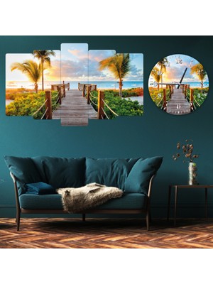 Zevahir Mobilya Dekorasyon ZEVAHİR MOBİLYA DEKORASYON Zevahir 5 Parça Mdf Palmiye Ağaçlı Iskele Tablosu ve Mdf Saat Kombin