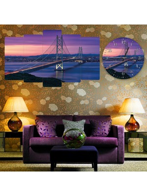 ZEVAHİR MOBİLYA DEKORASYON Zevahir 5 Parça Mdf Köprü Manzara Tablo ve Mdf Saat Kombin