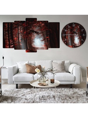 ZEVAHİR MOBİLYA DEKORASYON Zevahir 5 Parça Mdf Orman Ağaçlar Manzara Tablo ve Mdf Saat Kombin