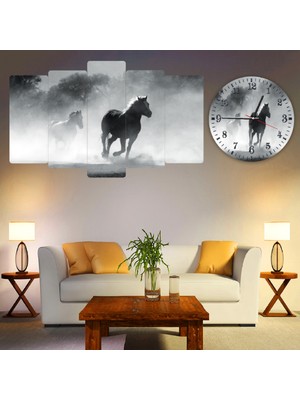 ZEVAHİR MOBİLYA DEKORASYON Zevahir 5 Parça Mdf Siyah At Tablo ve Mdf Saat Kombin