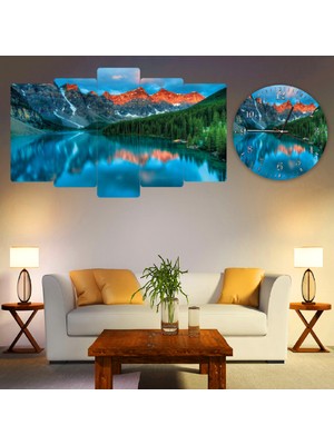 ZEVAHİR MOBİLYA DEKORASYON Zevahir 5 Parça Mdf Göl Manzara Tablo ve Mdf Saat Kombin