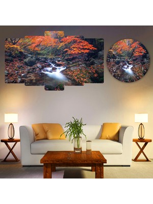 ZEVAHİR MOBİLYA DEKORASYON Zevahir 5 Parça Mdf Nehir Doğa Manzara Tablo ve Mdf Saat Kombin