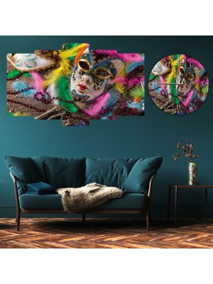 ZEVAHİR MOBİLYA DEKORASYON Zevahir 5 Parça Mdf Renkli Maske Tablo ve Mdf Saat Kombin