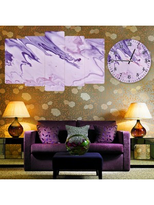ZEVAHİR MOBİLYA DEKORASYON Zevahir 5 Parça Mdf Mor Beyaz Modern Tablo ve Mdf Saat Kombin