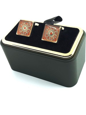 Kravatkolik Altın Renk Turuncu Detay Kare Kol Düğmesi KD1582