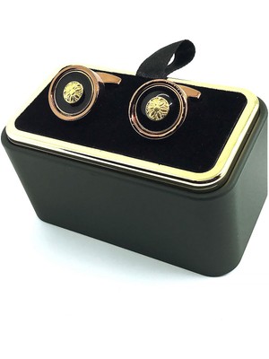 Kravatkolik Bakır Renk Siyah Detay Yuvarlak Kol Düğmesi KD1599