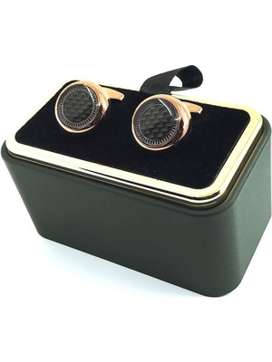 Kravatkolik Bakır Renk Siyah Karbon Detay Yuvarlak Kol Düğmesi KD1605