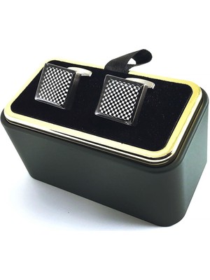 Kravatkolik Füme Renk Siyah Beyaz Detay Kare Kol Düğmesi KD1366