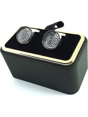 Kravatkolik Gümüş Renk Siyah Detay Yuvarlak Kol Düğmesi KD1587